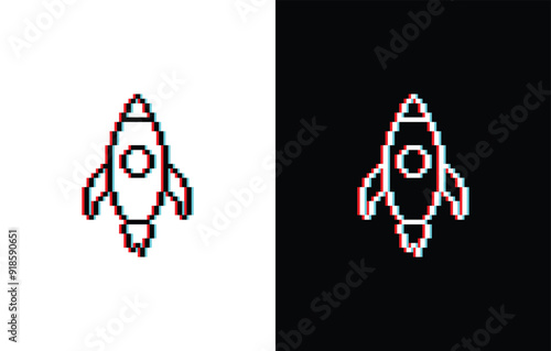 glich effect pixel Rocket icon. Vector pixel art Rocket 8 bit logo for game