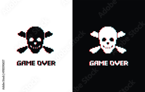 glich effect game over with Skull icon 8 bit, pixel pirate icon 8-bit for game logo.