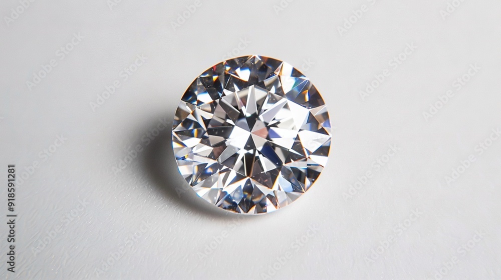 A close-up of a diamond on a white surface with reflection on both sides A close-up of a diamond on a white surface with reflection on both sides