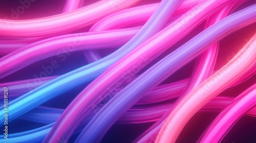 Vibrant abstract image of intertwined neon lines in pink and blue shades, showcasing a dynamic interplay of glowing colors and smooth curves, exuding energy and movement. photo