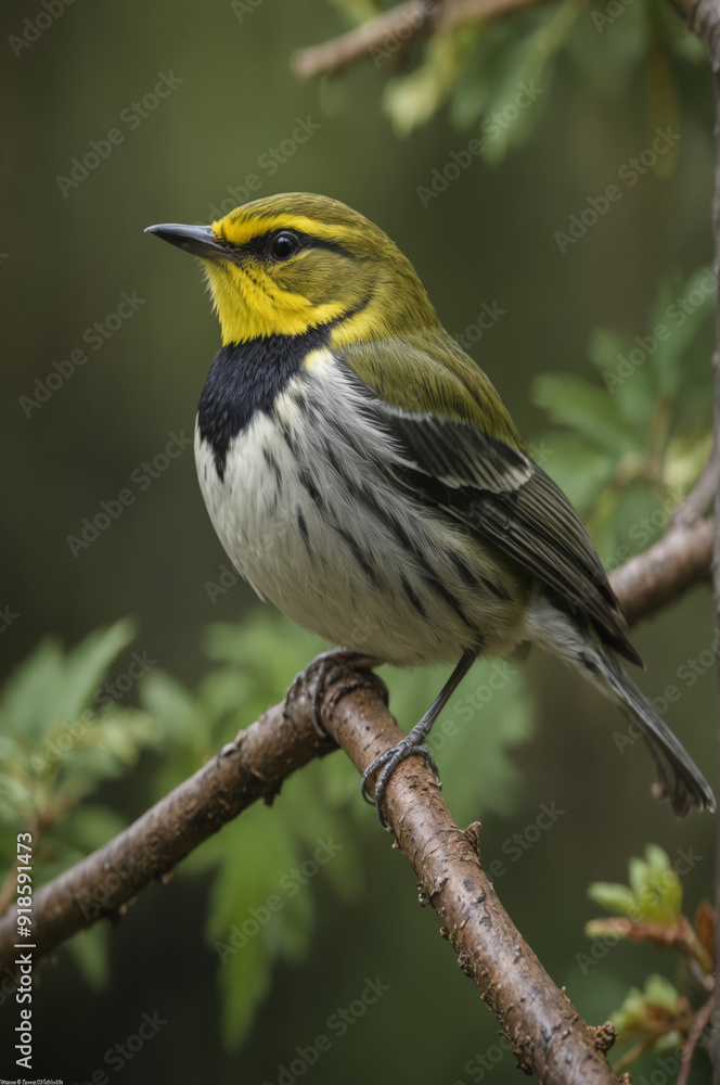 Obraz premium Black Throated Green Warbler Perched on a Branch