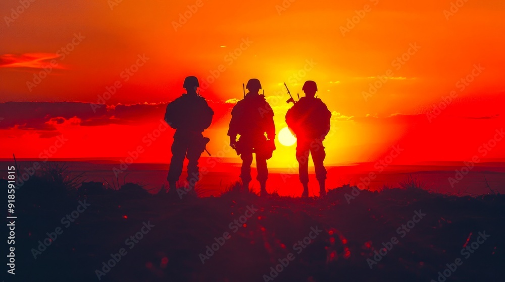 Fototapeta premium Three soldiers standing on a hilltop during a vibrant sunset. This image captures a powerful and dramatic scene. Perfect for military, warfare, and patriotism themes in stock photography. AI