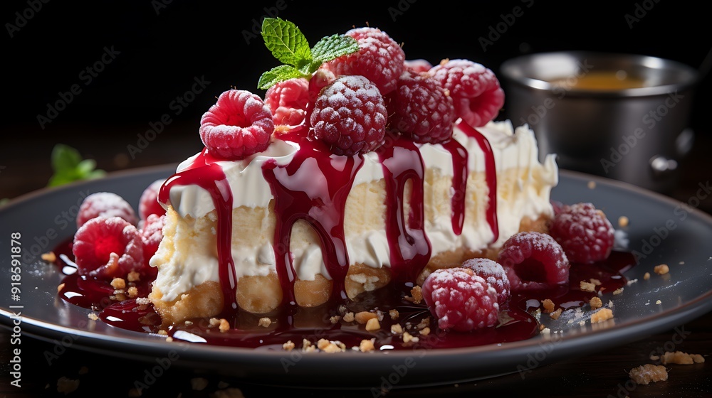 Cheesecake slice with raspberries and whipped cream drizzled on top food photography AI Generated Cheesecake slice with raspberries and whipped cream drizzled on top food photography AI Generated