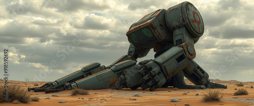 un vecchio robot danneggiato e arruginito giace immobile in un deserto arido e sabbioso