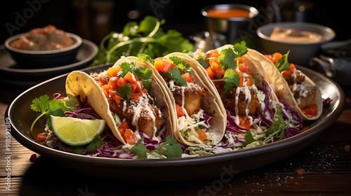 A plate of four tacos with lime and cilantro on top food photography AI Generated