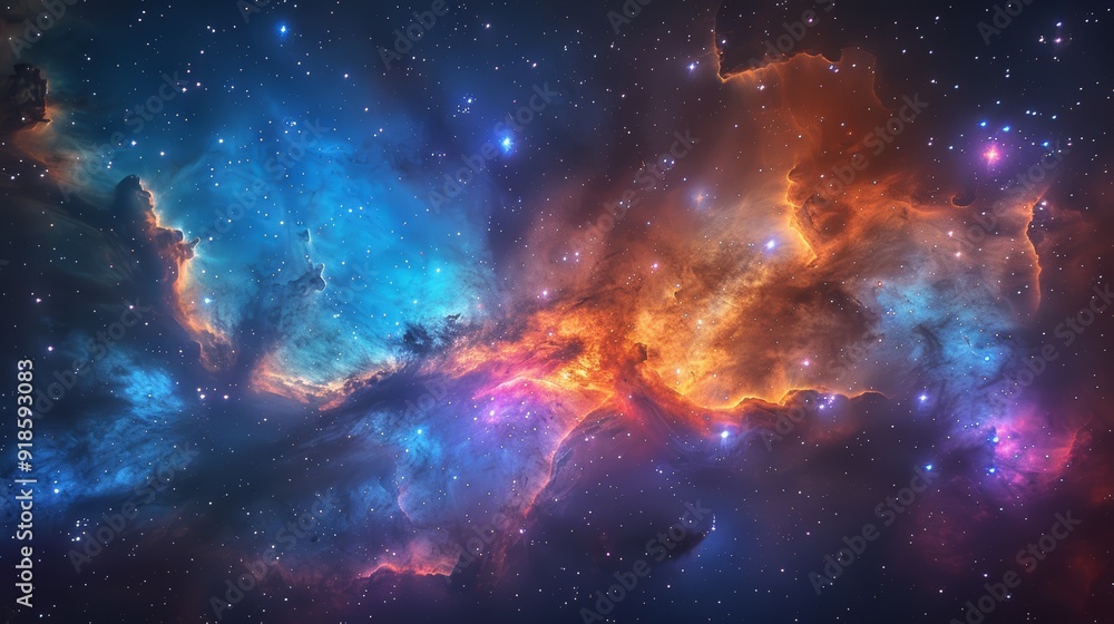 Colorful cosmic nebula fills the night sky with vibrant shades of blue, orange, and purple Colorful cosmic nebula fills the night sky with vibrant shades of blue, orange, and purple