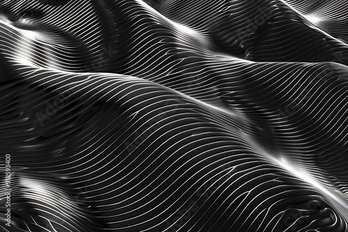 Fluid wave patterns, dynamic flow, energetic ripples, monochrome palette, optical illusion, rhythmic movement, deep contrast, visual tension, kinetic energy, intricate design