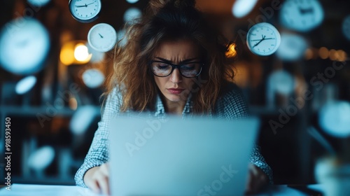 A woman with glasses looks stressed while using a laptop, surrounded by numerous clocks symbolizing the race against time and tight deadlines in a modern workspace. photo