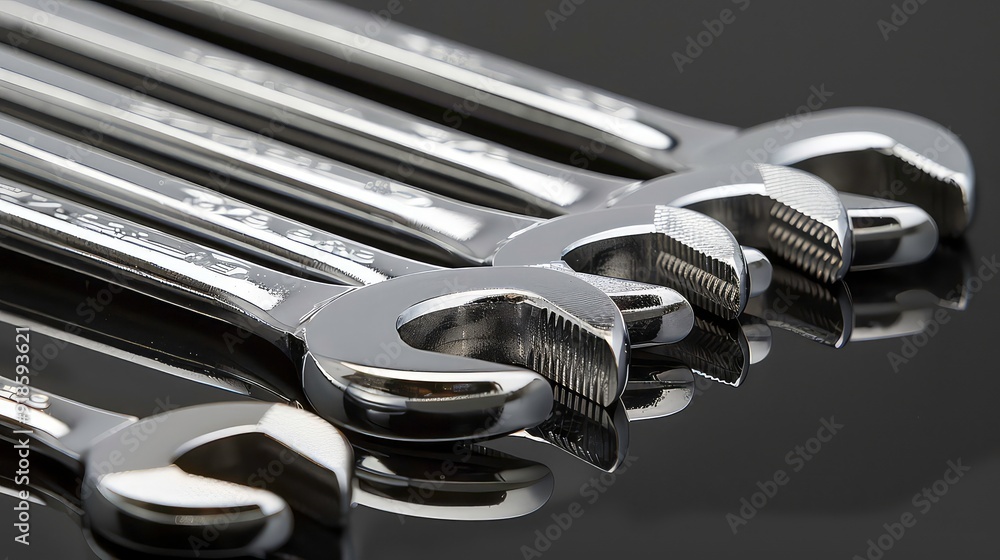 Fototapeta premium A group of shiny chrome wrenches on a black background.