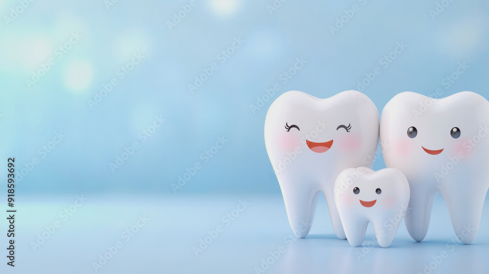 Fototapeta premium Characters of a happy dental family on a blue background