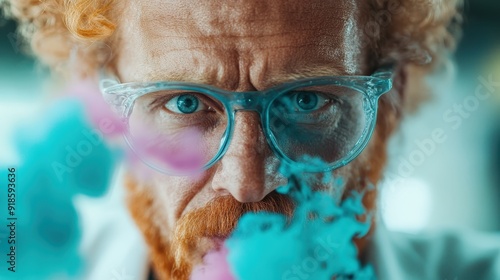 This image captures a scientist with curly hair in focus, observing an experiment through their glasses, symbolizing concentration and intense observation in a laboratory setting. photo