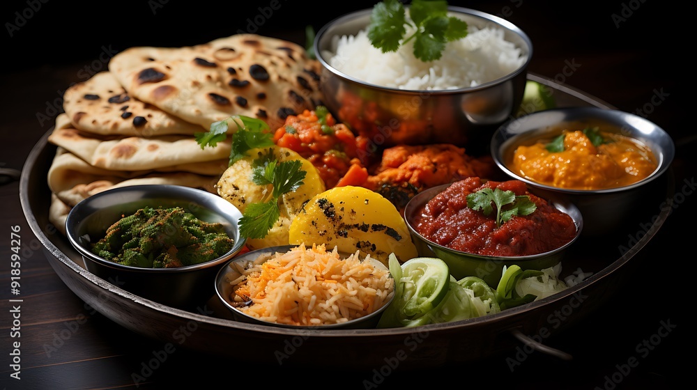 Indian food plate with many different dishes, including rice, curry food photography AI Generated Indian food plate with many different dishes, including rice, curry food photography AI Generated