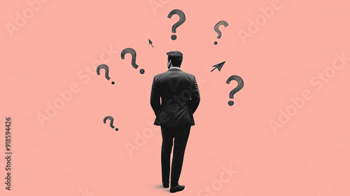 Minimalist retro collage of a black-and-white photograph of a man in a suit against a pink background, surrounded by arrows and question marks. Concept of doubt and choice.