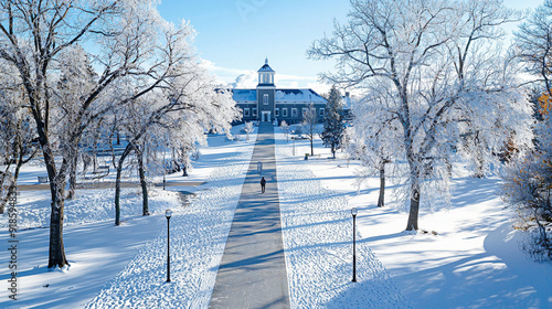 a classic prestigious university campus exterior during winter, with a historic building partially covered in snow and ice, college in winter photo