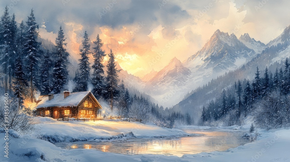 Fototapeta premium Cozy cabin in snowy mountains - generative ai