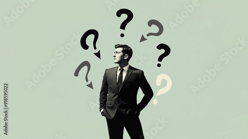 Minimalist retro collage of a black-and-white photograph of a man in a suit against a green background, surrounded by arrows and question marks. Concept of doubt and choice.