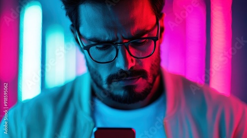 A capturing image of a man interacting with his smartphone within a neon-lit space, emphasizing the vivid colors and technological integration typical of modern settings. photo