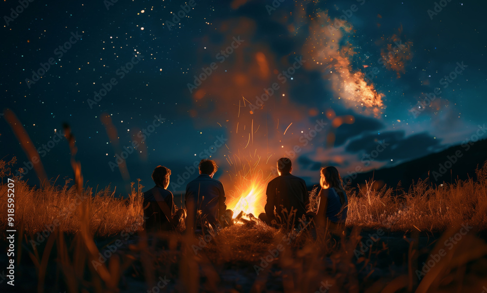 Fototapeta premium Romantic scene of four young teens sitting near camp fire and chatting during warm summer day ending sunset hours. People relation, town getawat and beauty in Nature concept image.