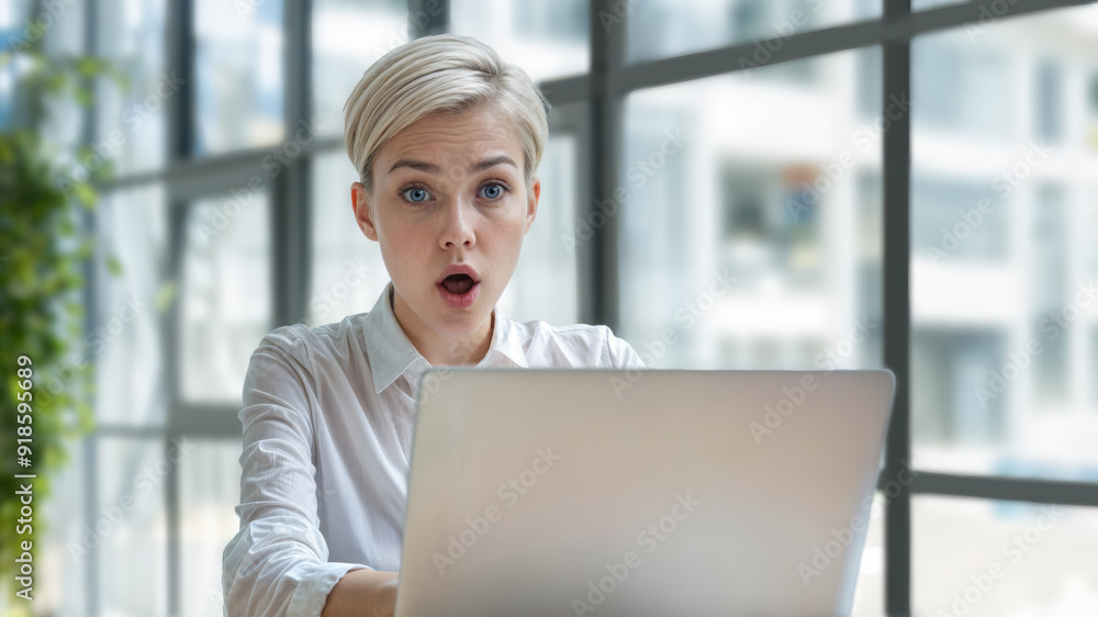 A young blond woman in an office environment with a look of shock or surprise on her face. She is looking at a laptop. A young blond woman in an office environment with a look of shock or surprise on her face. She is looking at a laptop.