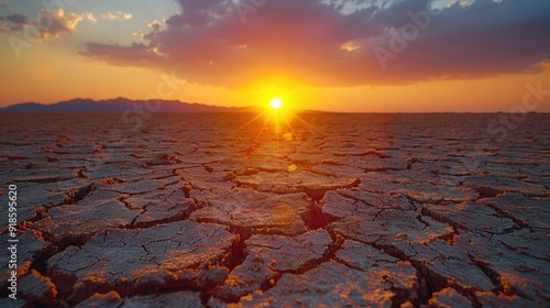 Sunset over cracked earth in a dry landscape near mountains