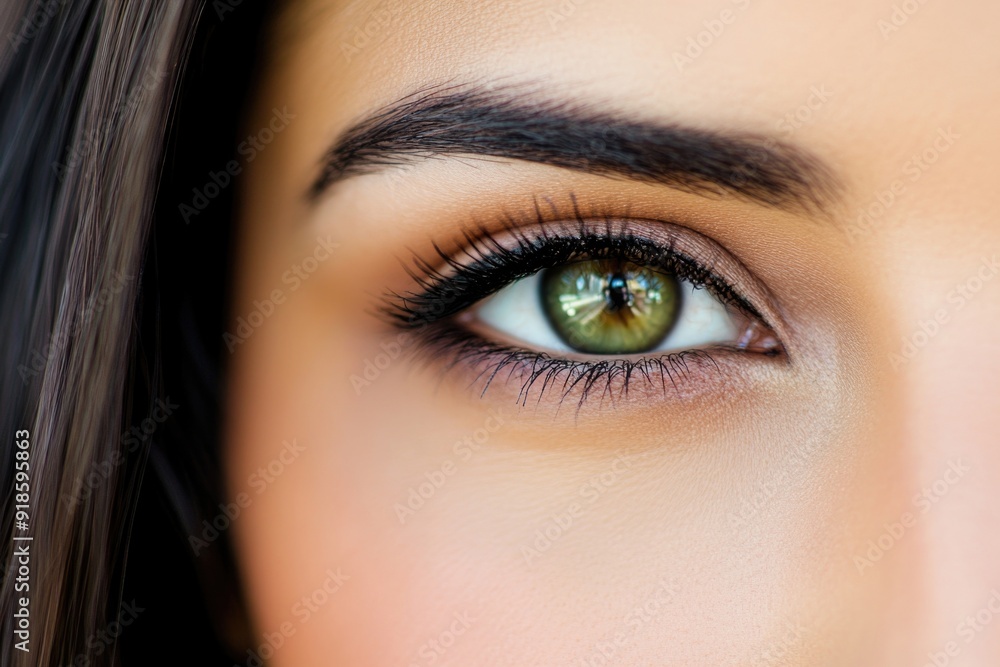 Fototapeta premium Close-Up of Green Eye with Perfect Makeup Including Eyeshadow and Thick Eyebrows
