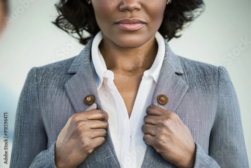 Confident Businesswoman Adjusting Gray Blazer, Professional Attire and Determined Expression photo