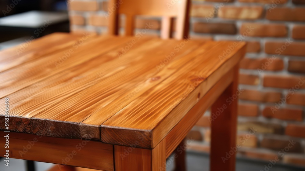 Close-up of a wooden table against a brick wall Close-up of a wooden table against a brick wall