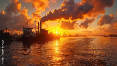 Sunset over industrial skyline with smokestacks reflecting on calm waters