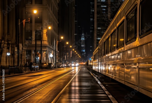 Nighttime street view of Chicago with city skyline