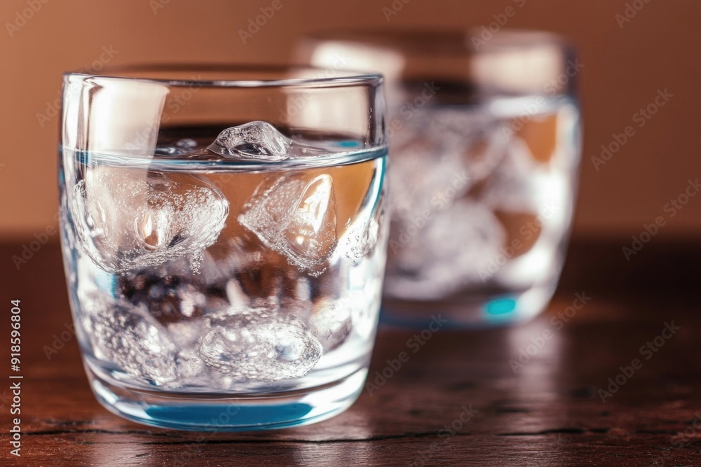 Refreshing Glasses of Iced Water on Wooden Table with Brown Background Refreshing Glasses of Iced Water on Wooden Table with Brown Background