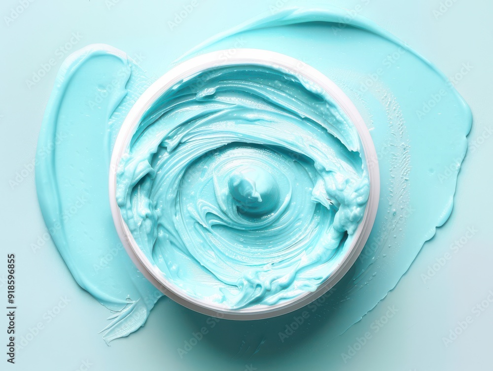 Fototapeta premium Light blue cream tub with smooth texture on white backdrop