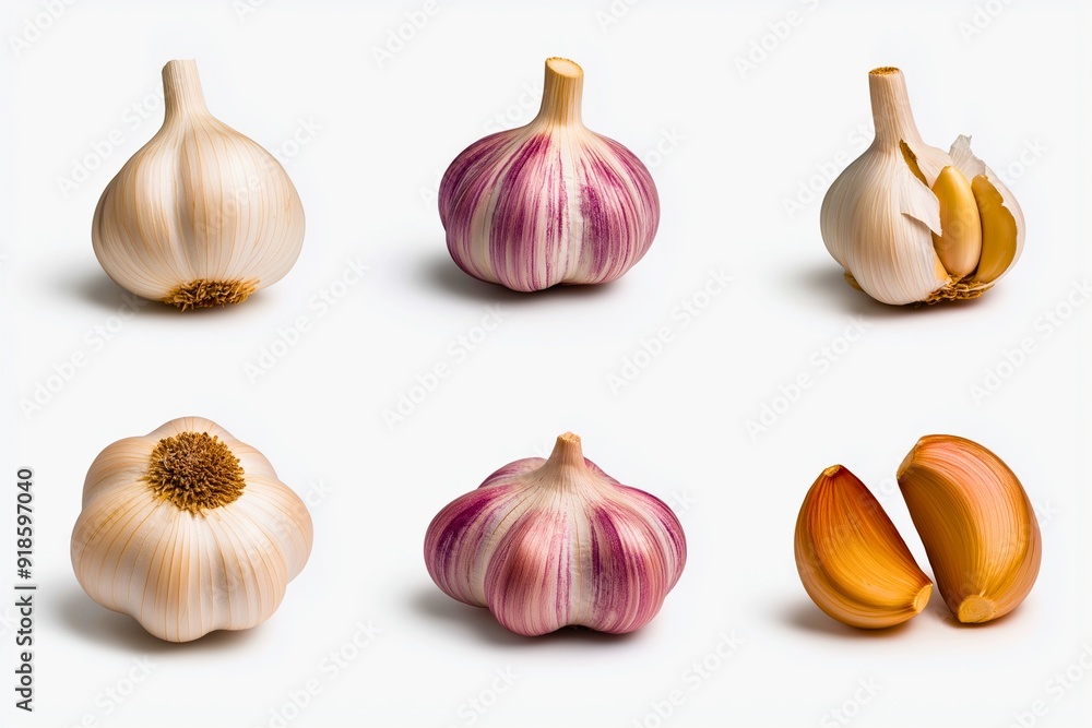 A clean and minimalistic set of garlic bulbs, both whole and partially peeled, displayed against a white background. A clean and minimalistic set of garlic bulbs, both whole and partially peeled, displayed against a white background.