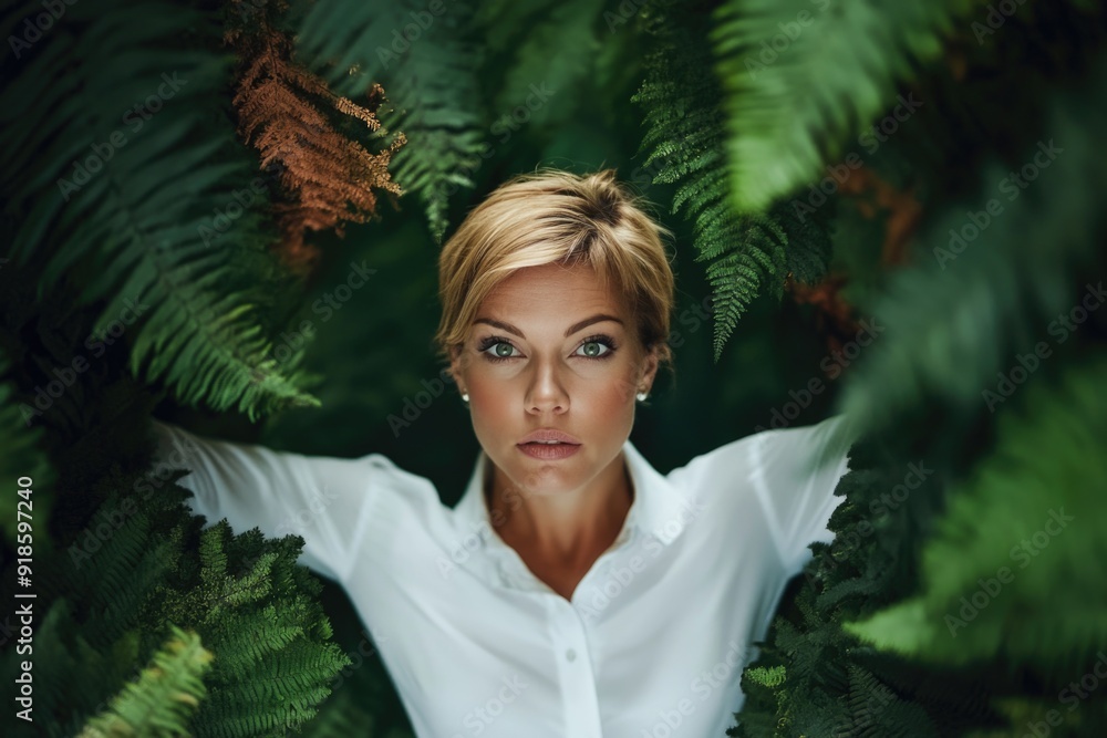 Confident Woman in White Shirt Surrounded by Lush Green Ferns Outdoors Confident Woman in White Shirt Surrounded by Lush Green Ferns Outdoors