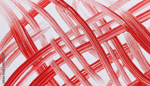 Pattern of crisscrossing lines in red color, arranged diagonally on white background. Acrylic paint photo