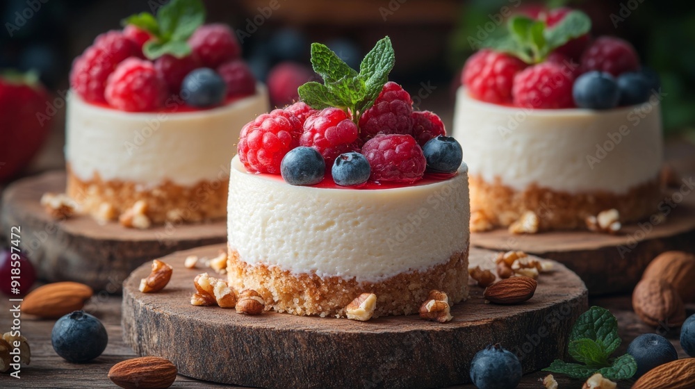 Delicious mini cheesecakes with fresh berries - generative ai Delicious mini cheesecakes with fresh berries - generative ai