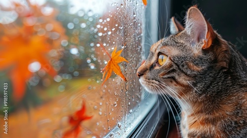 House cat s tranquil curiosity observing autumn leaves through reflective window photo