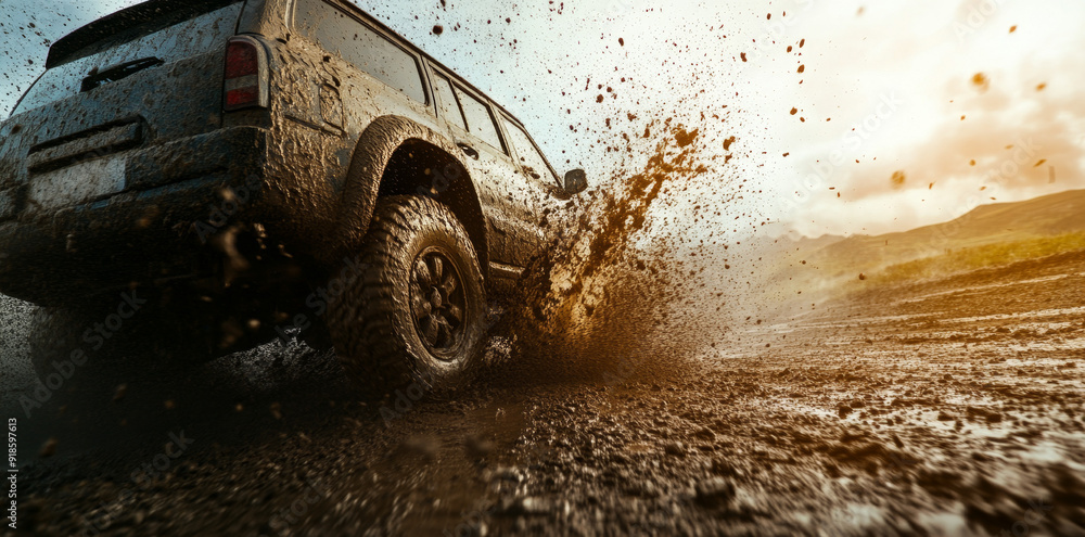 Fototapeta premium An off-road car driving on a muddy road, splashing mud from its wheels in a low angle shot