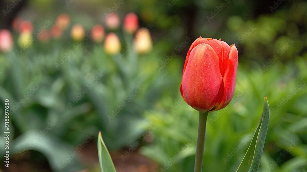 Red tulip surrounded by red and yellow tulips in the background Red tulip surrounded by red and yellow tulips in the background