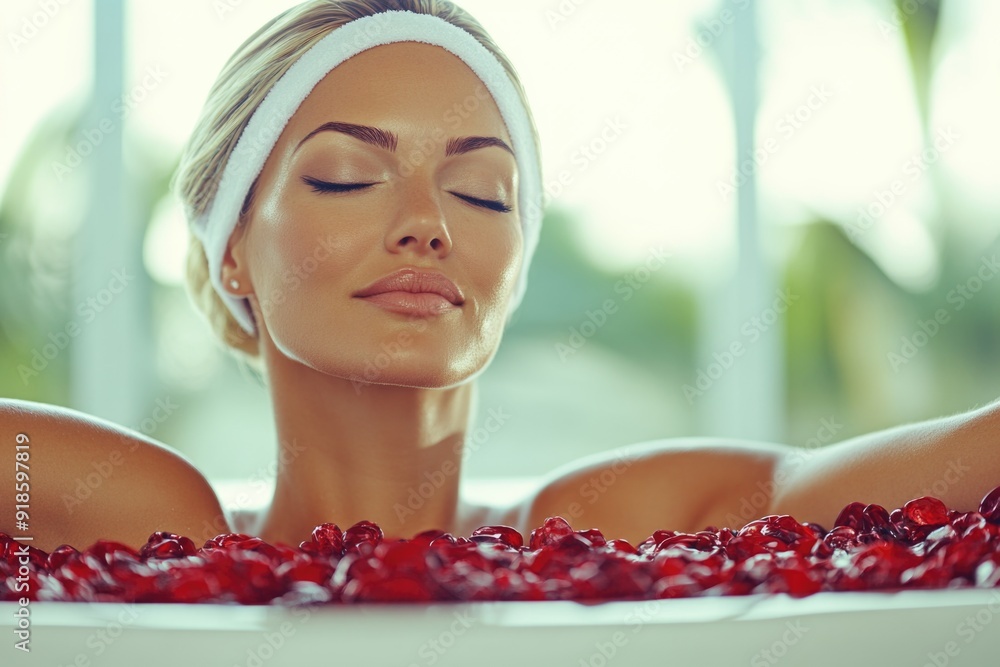 Relaxed Woman in Cherry Fruit Bath with Spa Headband Enjoying Calm and Beauty Treatment in Wellness Center Relaxed Woman in Cherry Fruit Bath with Spa Headband Enjoying Calm and Beauty Treatment in Wellness Center
