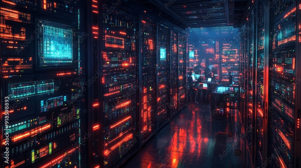 Futuristic data center with neon lights - generative ai Futuristic data center with neon lights - generative ai