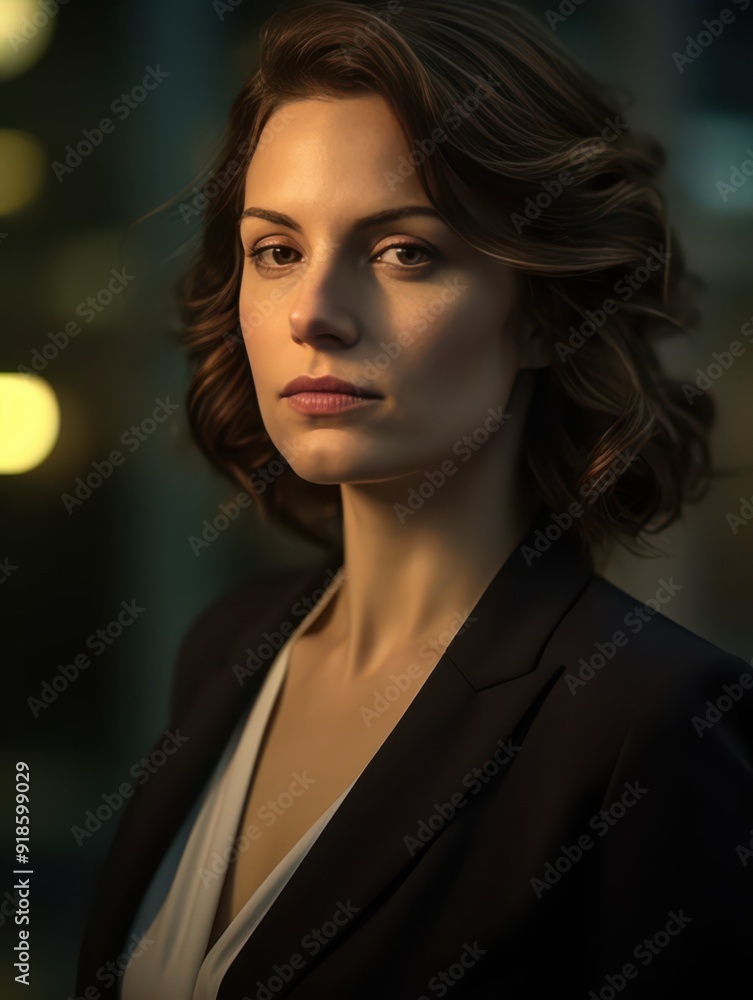 Woman with wavy hair in a suit during evening light Woman with wavy hair in a suit during evening light