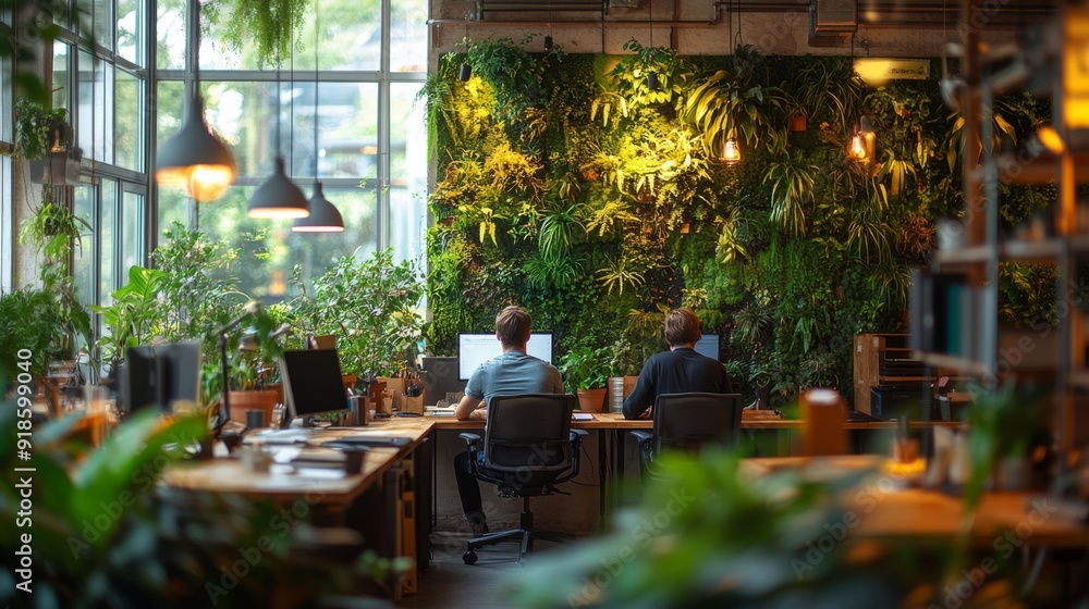 Fototapeta premium Green workspace with plants and natural light - generative ai