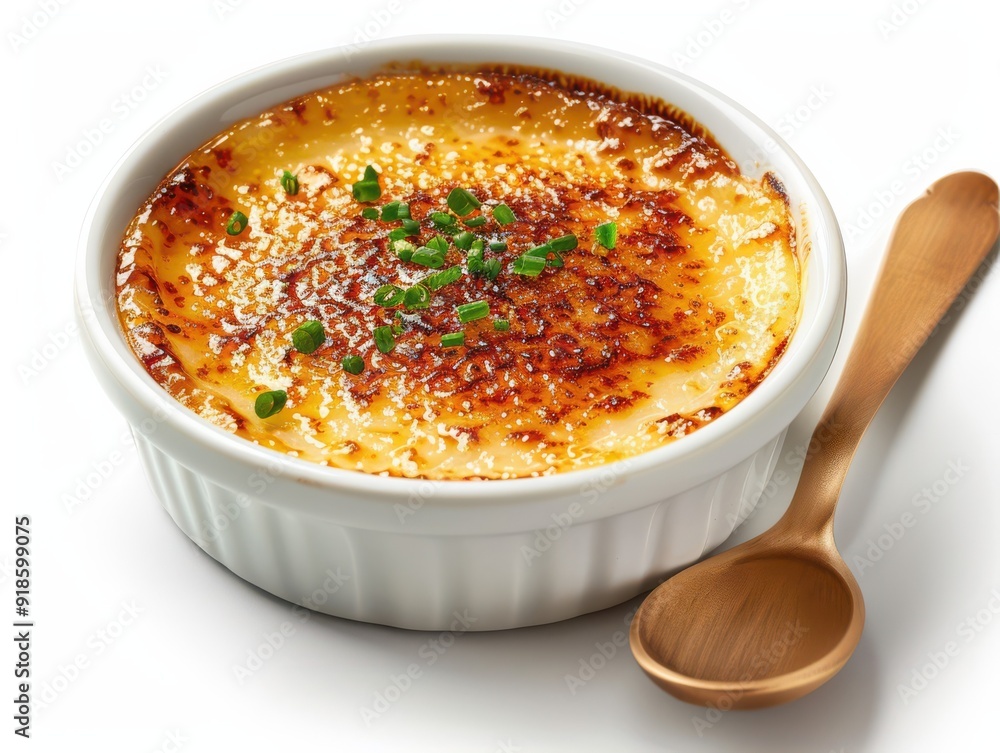 Delicious crme brle dessert garnished with fresh herbs Delicious crme brle dessert garnished with fresh herbs