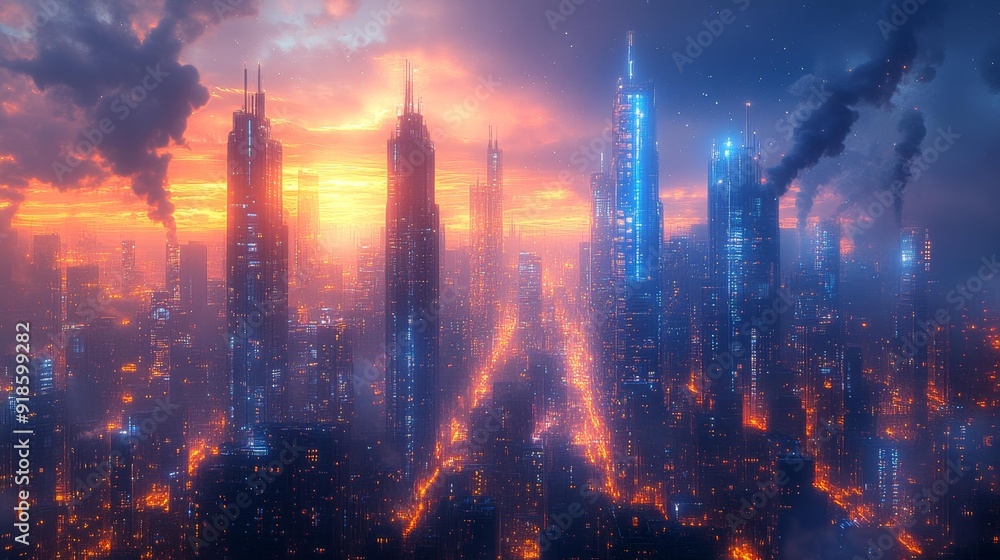 Futuristic cityscape at sunset - generative ai Futuristic cityscape at sunset - generative ai