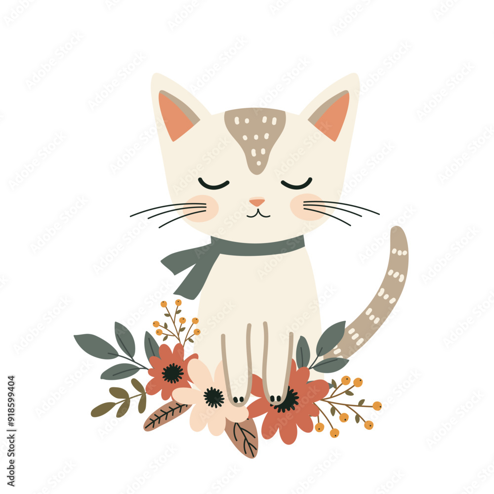 Cute cartoon cat sitting on flowers background. Vector illustration in flat style. Cute cartoon cat sitting on flowers background. Vector illustration in flat style.