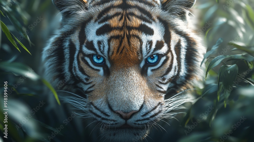 Fototapeta premium Close-up of a tiger with intense blue eyes in foliage - generative ai