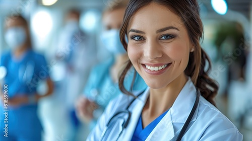 Smiling healthcare professional in a hospital setting during daytime with colleagues in the background