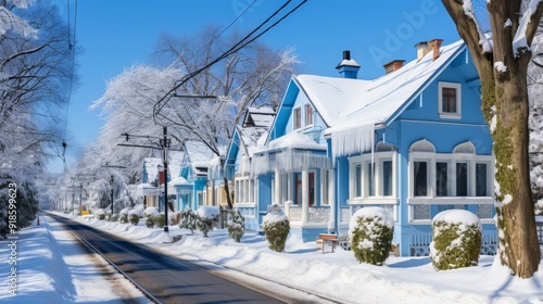 Animal tracks in morning sunlight on snowy street leading to horizon, showcasing nature s beauty