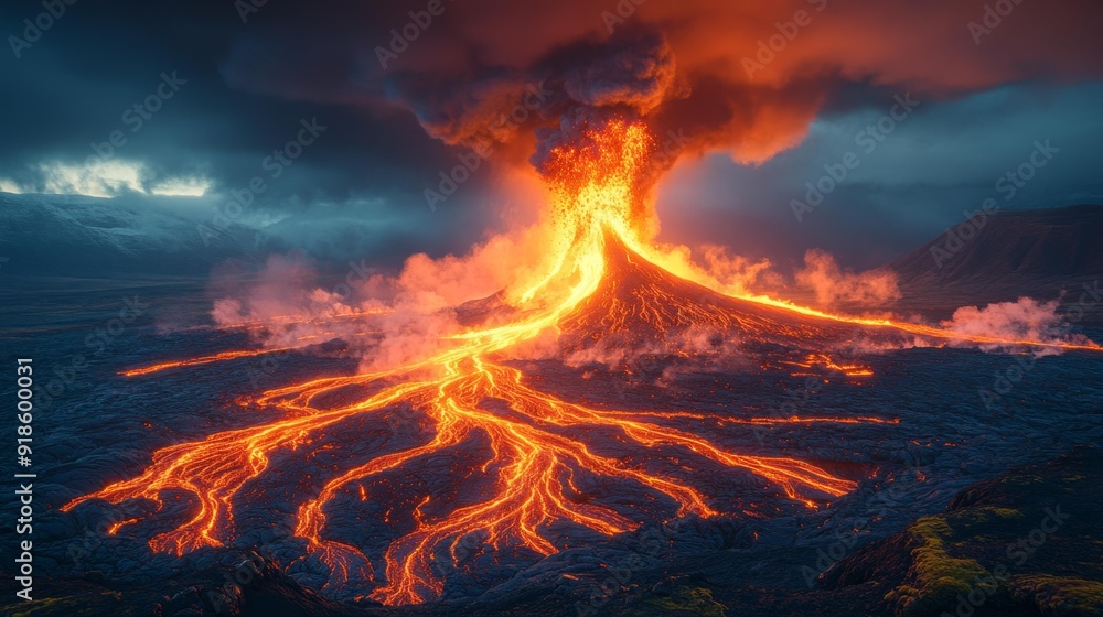 Erupting volcano with lava flow - generative ai Erupting volcano with lava flow - generative ai