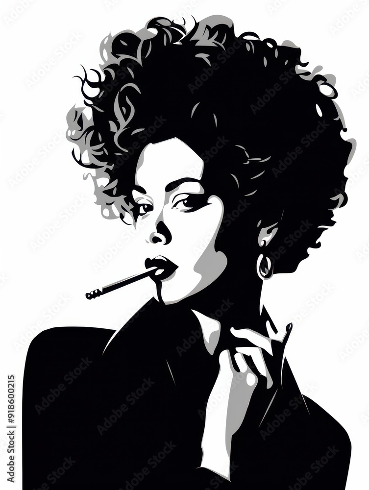 Fototapeta premium Woman with curly hair smoking a cigar in stylish pose